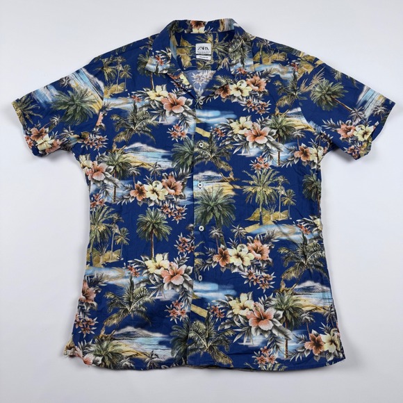 Zara Other - Zara Mens XL Relaxed Fit Tropical Hawaiian Floral Palm Tree Camp Shirt NWOT